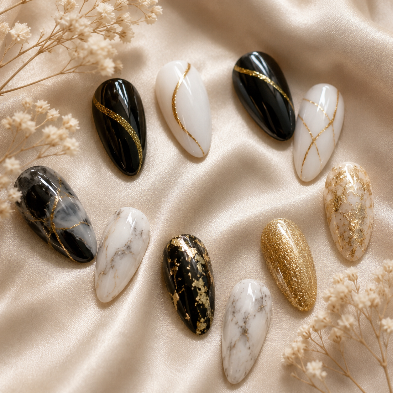 Glass Ceiing | Black, Ivory and Gold Press-On Nail Set | Polished by Two