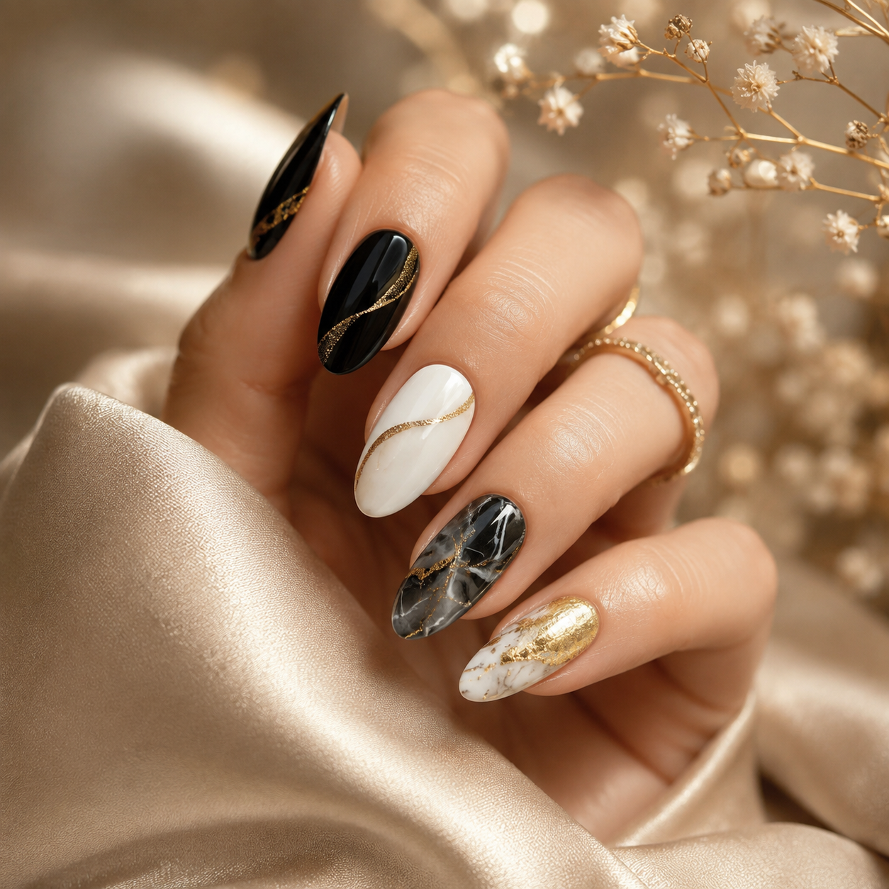 Glass Ceiing | Black, Ivory and Gold Press-On Nail Set | Polished by Two