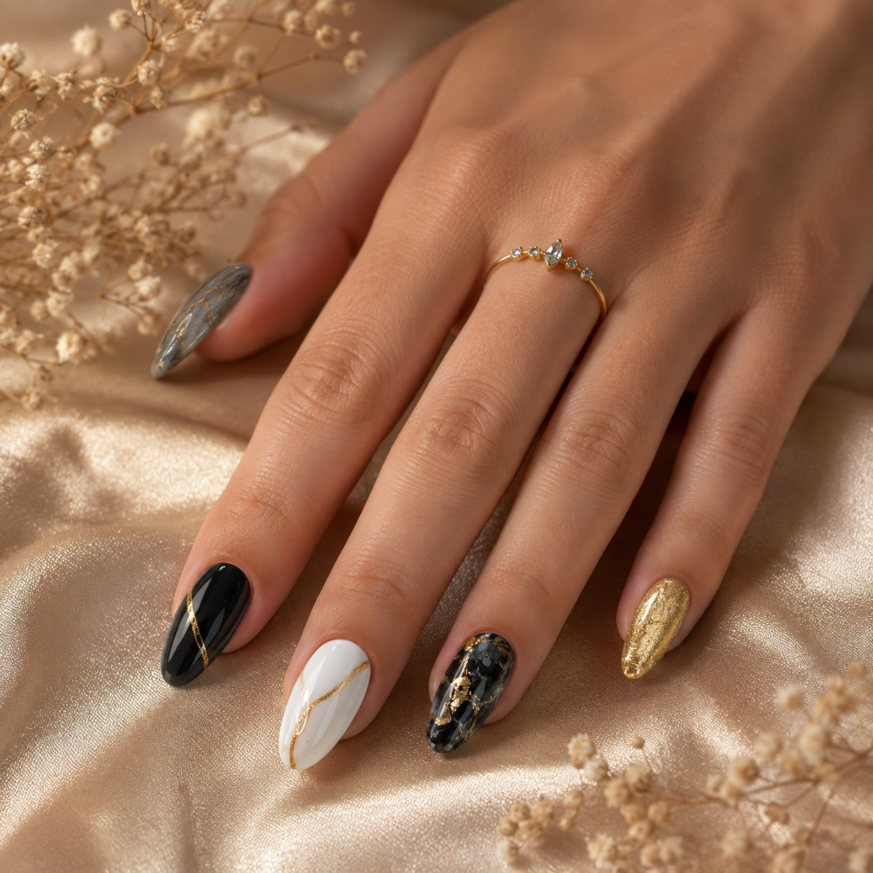 Glass Ceiing | Black, Ivory and Gold Press-On Nail Set | Polished by Two