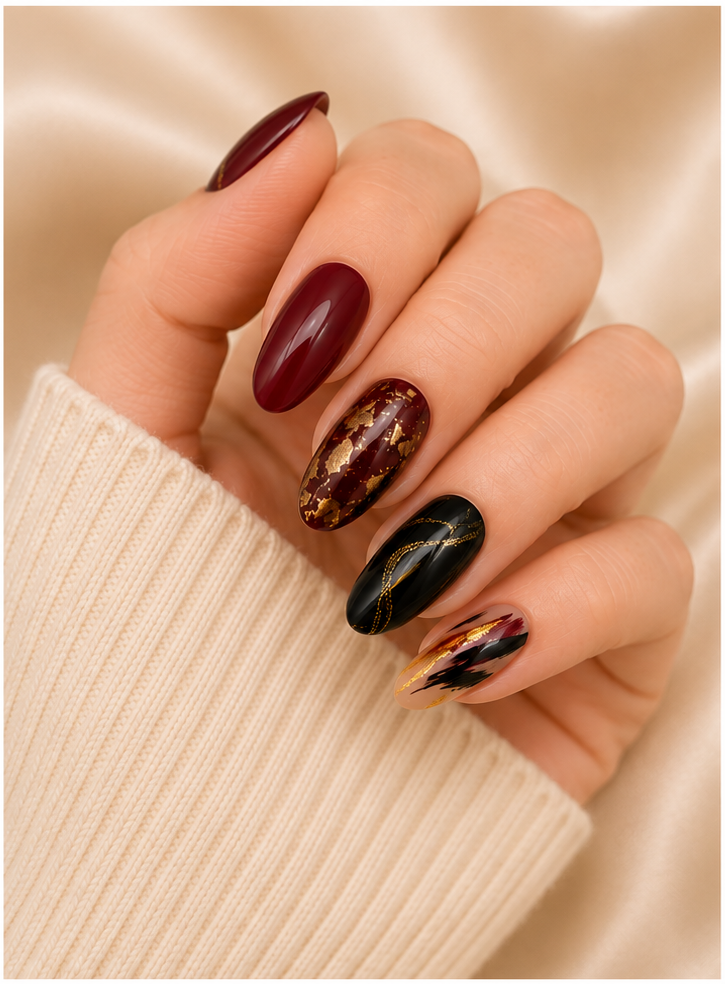 Unstoppable | Burgundy, Black and Gold Press-On Nail Set | Polished by Two